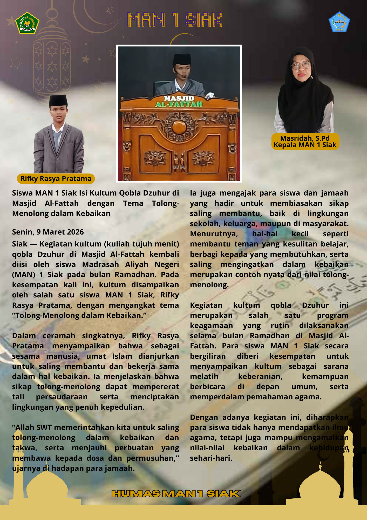 Siswa MAN 1 Siak Isi Kultum Qobla Dzuhur di Masjid Al-Fattah dengan Tema Tolong-Menolong dalam Kebaikan