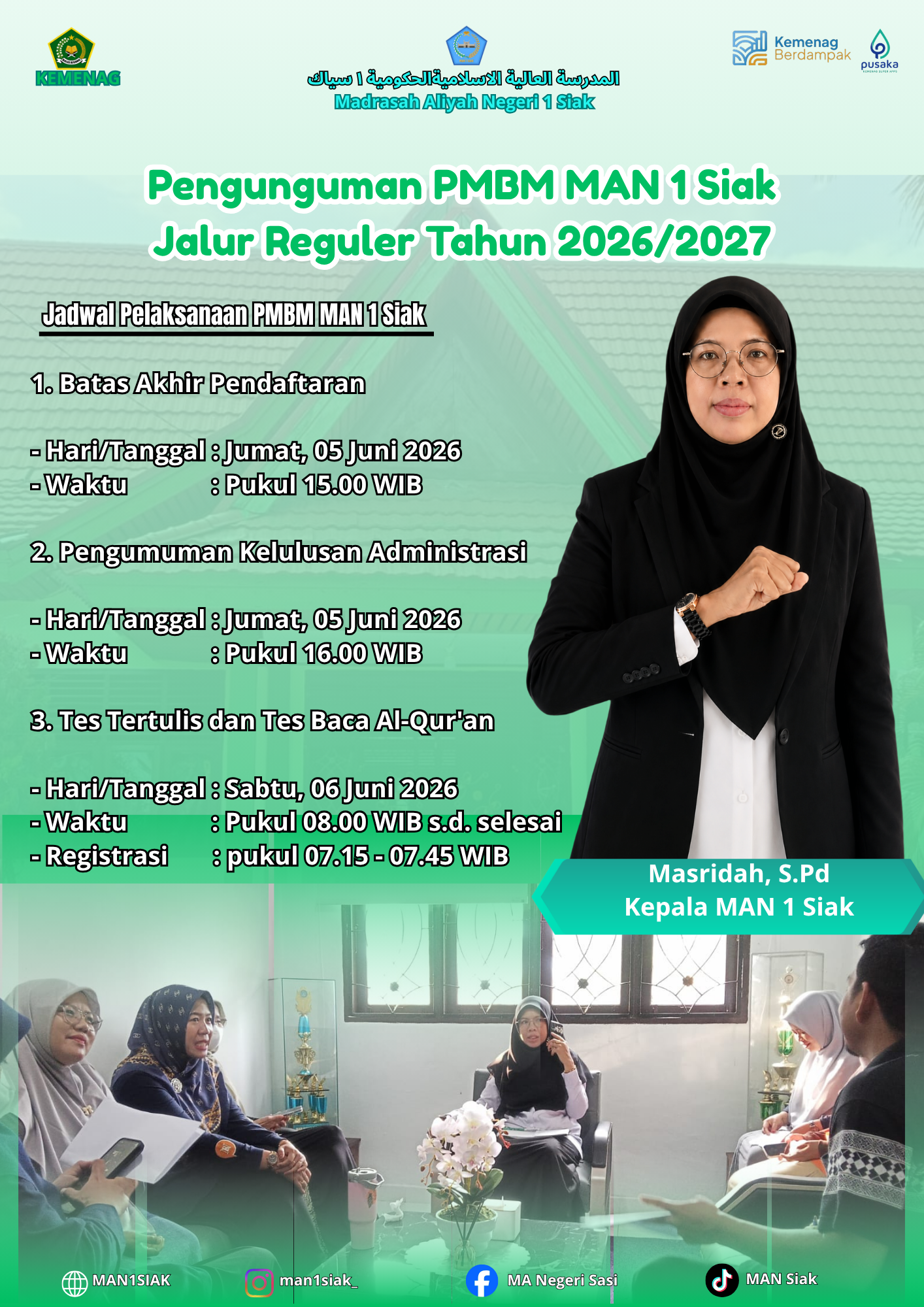 PENGUMUMAN PENERIMAAN MURID BARU MADRASAH (PMBM) MADRASAH ALIYAH NEGERI (MAN) 1 SIAK JALUR REGULER TAHUN PELAJARAN 2026/2027