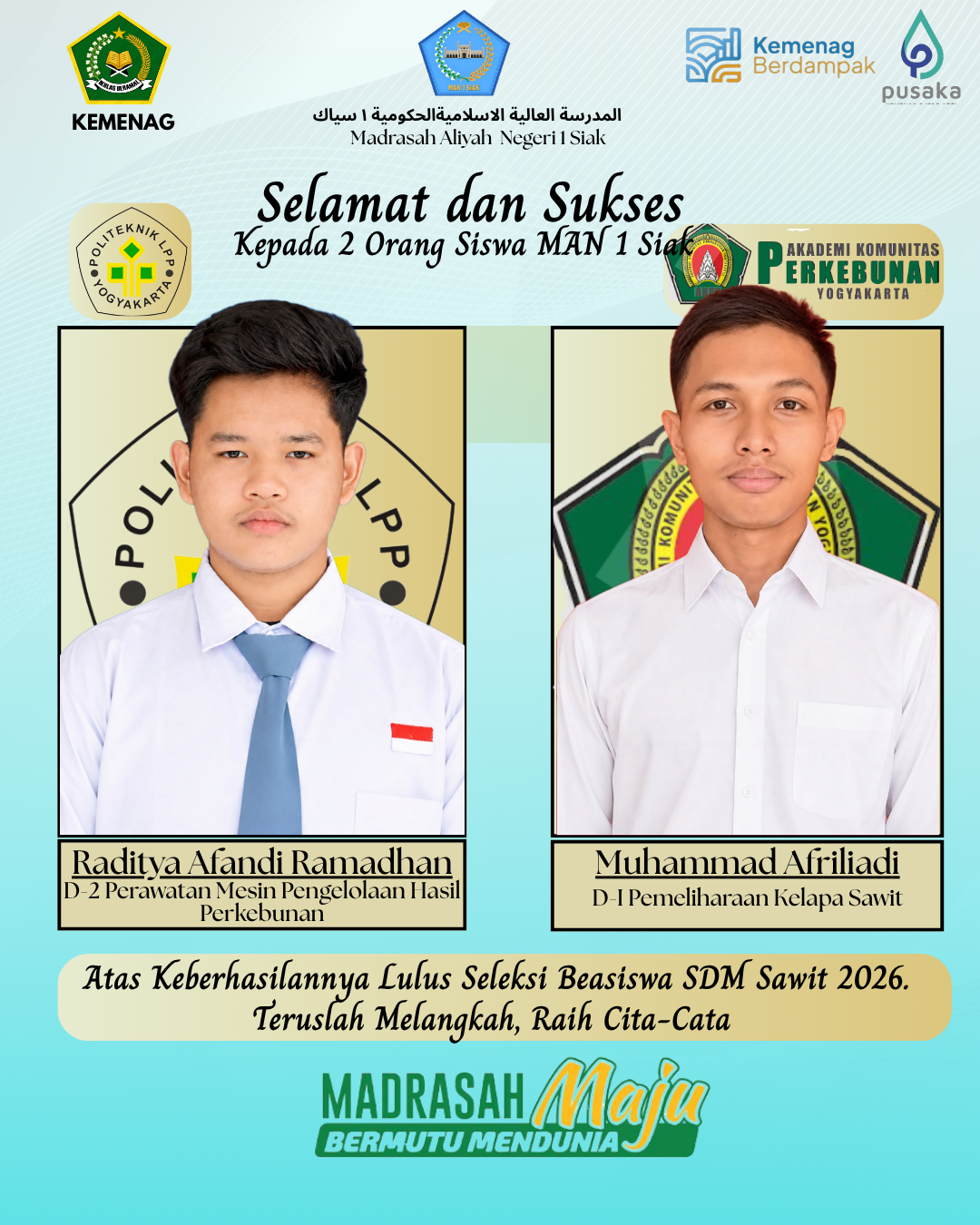 Dua Siswa MAN 1 Siak Lulus Seleksi Beasiswa SDM Sawit 2026, Siap Menjemput Masa Depan